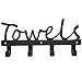 MyGift Wall Mounted Black Metal Towel Rack with 4 Hooks, Hanging Kitchen and Bathroom Storage Towel Hooks with Towels Letter Cut Out Design