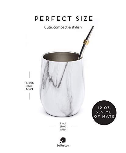 Balibetov [NEW] Modern 12 oz Yerba Mate Gourd Set (Mate cup) - Double Walled 18/8 Stainless Steel - Includes Two Bombillas and a Cleaning Brush (MARBLE) - Thumbnail 3