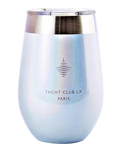 Yacht Club LX 12 oz Insulated Stemless Wine Glass Tumbler with Velvet Wrapped Pouch - Paris Magic Glitter White with Eiffel Tower icon