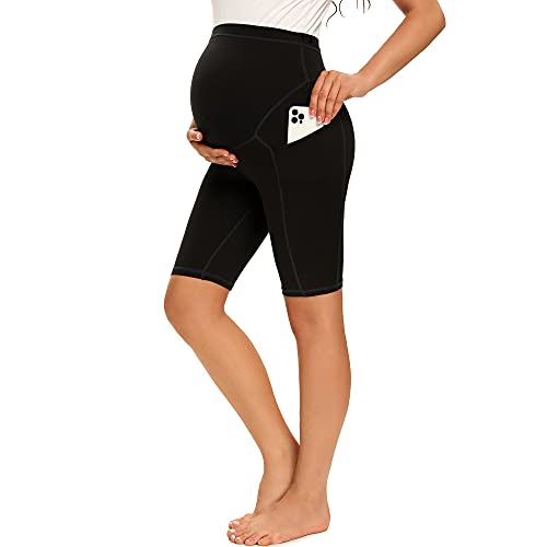 MAZUSPORTS WOMEN’S MATERNITY YOGA SHORTS OVER THE BELLY ACTIVE COMFY BIKER WORKOUT RUNNING ATHLETIC SHORTS SIDE POCKETS (BLACK, XL)