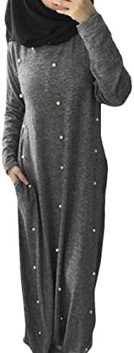 Sweatwater Women's Pearls Abaya Muslim Long Sleeve Maxi Plain Dubai Dresses