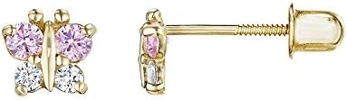 14kt Solid Gold Kids Butterfly Stud Screwback Earrings- Pink