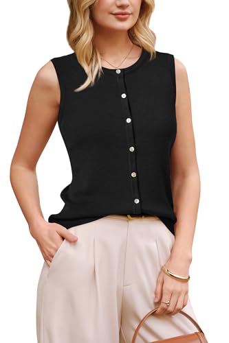 Arach&Cloz Women's Button Down Tank Tops 2026 Summer Sleeveless Knit Vest Tops Spring Wool Blend Crew Neck Sweater Trendy Business Casual Outfits Black M