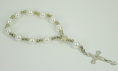 Set of 5 BULK BUY!! Wholesale - 10MM Glass PEARL Rosary 7" Stretchable Bracelet First Communions, Wedding Favor (5 - WHITE)