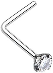 (2 pieces) 22g (0.65mm) "L" bend Nose Stud Ring CLEAR PRONG Set CZ Gem (316L) Surgical Steel, Nickle Free