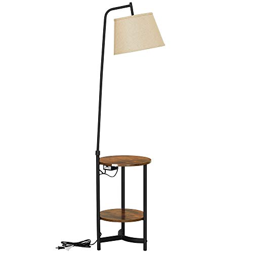 VASAGLE Floor Lamp with Storage Shelves, Nightstand with Lamp Shade, Bedside Table, Steel Frame, Bulb Not Included, Industrial, for Bedroom, Rustic Brown and Black ULFL060B01