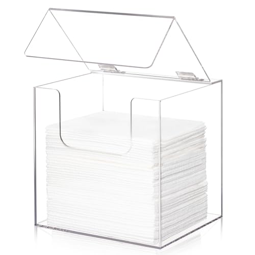 Noverlife Acrylic Disposable Face Towel Storage Box with Lid, 7x6x7in Clear Facial Towel Container Box Acrylic XL Skin Club Towel Dispenser Case, Towel Storage Bin Face Towel Holder for Vanity