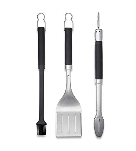 Weber Premium Grillbesteck, 3-teilig, aus Edelstahl, bestehend aus Grillzange, Wender und Pinsel, mit praktischen Henkeln, spülmaschinenfest - Silber (6764)