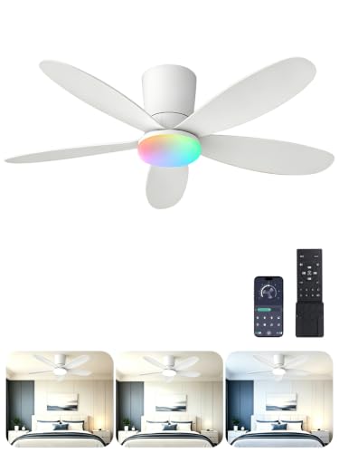 AILRINNI Ventilateur de Plafond 107 CM avec Lumière RGB, Bas Profil Encastrable, Télécommande et APP, 5 Pales Réversibles, RGB+3 Températures de Couleur, Dimmable Ventilateur LED pour Salon Chambre