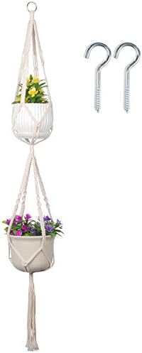 Macrame Double Plant Hanger Indoor Outdoor Hanging Planter Pot holder Cotton Rope 4 Legs 62 Inch(1 Pack)