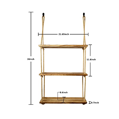 Boutiquemall Swing Rope Floating Shelves, Solid Wood Rope Shelf DIY Wood Hanging Floating