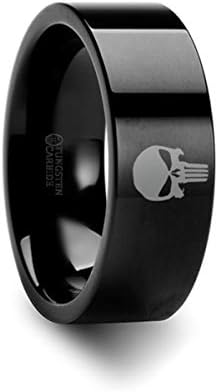 Thorsten Punisher Symbol | Super Hero Rings for Men | Black Tungsten | Comfort Fit | Wedding Ring Band - 8mm