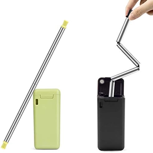 Portable Reusable Straw, Collapsible Stainless Straw, Composed of Stainless Steel and Food-grade Silicone, Foldable, with Case and Clean Brush for Party, Vacation, Travel Straw set (Black+Green)