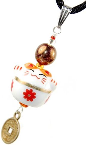 12V StreetGear Ceramic Series - Red Flower & Glass Ball : Ceramic & Metallic Gold Maneki Neko Cat Pendant Lucky Charm 40mm - 20-22 inch Black Cord
