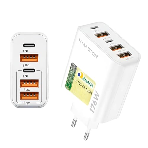 Carregador USB-C Turbo 176W Fonte Tipo C Carregador Celulares de Pared 5 Portas 3USB+2USB-C Universal Compatível com iPhone HUAWEI Samsung Xiaomi Redmi Motorola