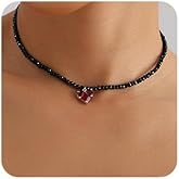 Octwine Vintage Black Crystals Choker Necklaces Trendy Retro Beads Round Chunky Short Simple Red Love Pendant Necklace Dainty Chunky Halloween Black Choker Necklaces for Women