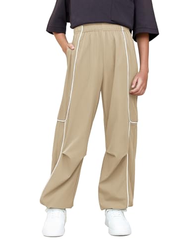 Photo 1 of ****SIZE 29X37****Haloumoning Boys Baggy Nylon Track Pants Kids Fashion Side Stripe Parachute Joggers Trousers with Pockets Khaki