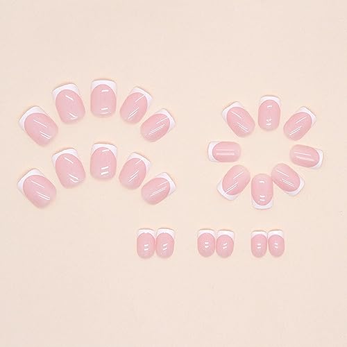 White French Tip Press on Nails Short Square Fake Nails Glossy Pink False Nails with Glue on Nails Reusable Full Cover Stick on Nails Acrylic Artificial Nails for Women DIY Nails Art Decoration - Image 3