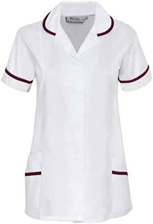 Instex Womens Nurses Healthcare Tunic, Dental Vet Salon, White with Maroon Trim, INS31WH/M