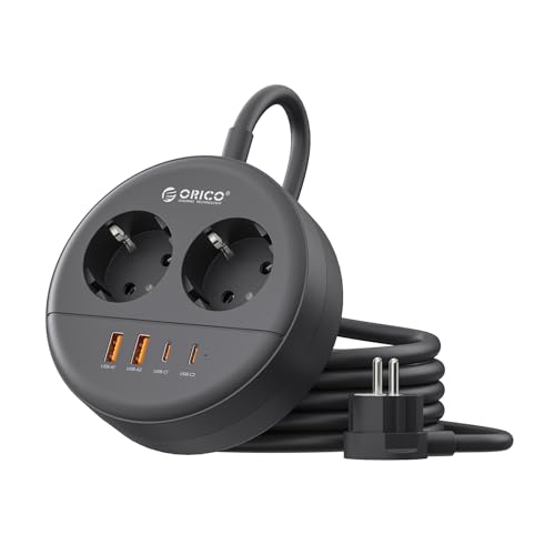 ORICO Round USB C Sockets, Multiplug 2500W with 2 AC Outlets, 2 USB-A and 2 USB-C 20W, 1.5 m Cable, Wall Mount with Screws (Save Space), for Office and Home, Black OSP