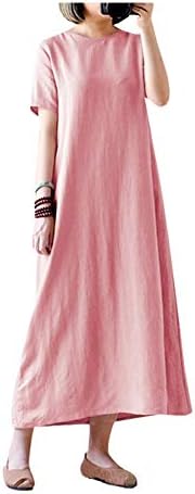 Vinsmoki Women Cotton Linen Vintage Tunic A-Line Long Gown Short Sleeve Loose Casual Plain Maxi Dresses with Pocket UK10-20