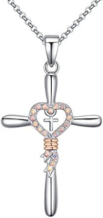 Xingzou "Faith Hope Love" Double Cross Pendant Necklace for Women,Crystals Jewelry White Gold Plated