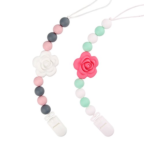 TYRY.HU Pacifier Clips Silicone Teething Beads BPA Free Binky Holder for Girls, Boys, Baby Shower Gift, Teether Toys, Soothie, Mam, Drool Bibs, Set of 2 ( Pink, White Roses )