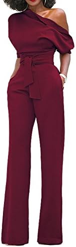 Cheeryme Womens Sexy One Off Shoulder Jumpsuits Belted Loose Long Wide Leg Jumpsuit Romper