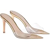 RYNKOMA Women'S Clear Pointed Open Toe Stiletto Heel Slide Sandals Fashion Sexy Slip On Transparent Strap High Heels Mules Summer Backless Party Wedding Prom Dress Shoes