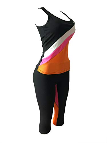 Women's Apparel Sports Gym Yoga Workout Activewear 2 Pieces Top+Leggings Set (L/XL = US Size 8-12, Pink/Orange Black Mix)