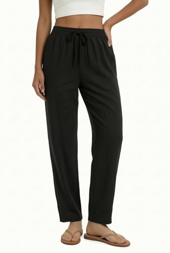 UDILEO Women's Summer Lightweight Comfortable Curvy Trousers with Pockets Elastic Waist Solid Color Casual for Beach Holiday Home