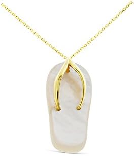 14K Yellow Gold Genuine Natural White Mother of Pearl Sandal Pendant With Square Rolo Chain Necklace