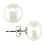 Sterling Silver Stud Earrings with Elegant Freshwater Cultured Button Pearls, Pearls from 5-12 mm, Gift Box Included with Earrings