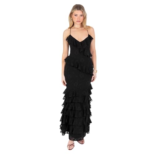 Anaya with Love Women's Maxi Dress Ladies Recycled Sleeveless Strappy Cami Tie Back V-Neck Floral Burnout Tiered Ruffle Evening Gown, Black 10