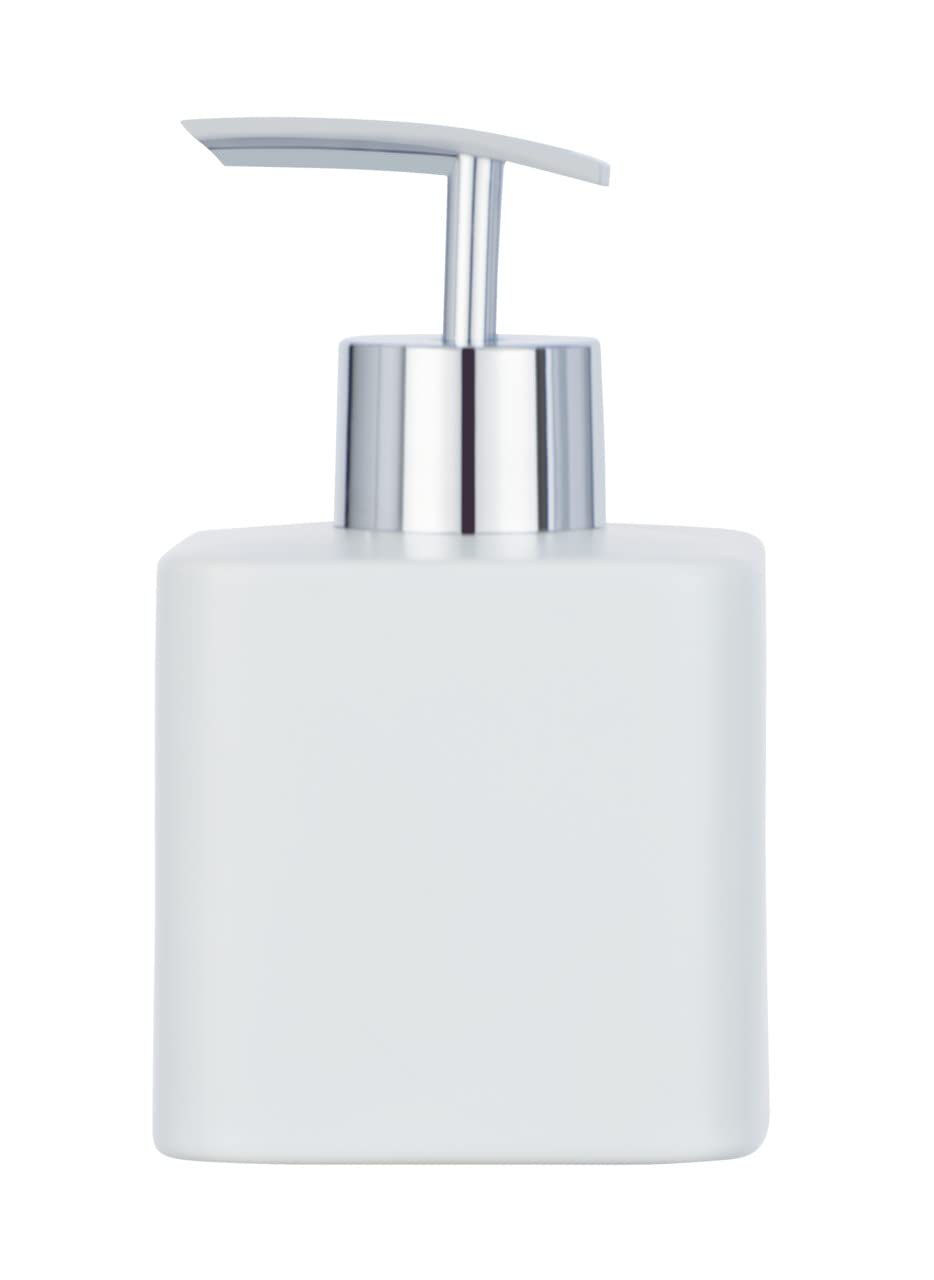 WENKO Soap Dispenser Mod. Hexa, Refillable Ceramic Pump Dispenser for 290 ml Liquid Soap, Silver Pump Head, 7.5 x 13 x 8.5 cm, Matte White