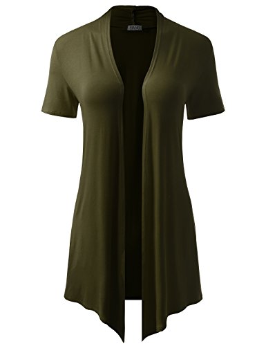 BIADANI Women Short Sleeve Open Front Drape Cardigan with Side Pockets Olive Large