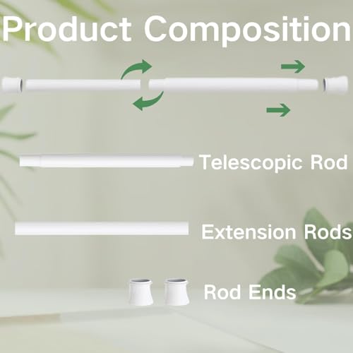 Extendable Telescopic Curtain Rod Extendable Window Tension Rod No Drilling Shower Curtain Pole,Tension Rod for Curtains,Kitchen, Closet,Hanging Pole No Tool Require, 185-250 cm (72.8-98.4"), White