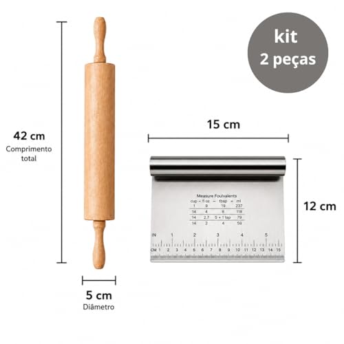 kit Rolo de Massa em Madeira 43 cm com Espatula de Corte e Raspadora de Inox com Régua de Medição 12 x15 cm Utensílio de Cozinha para Massas Premium