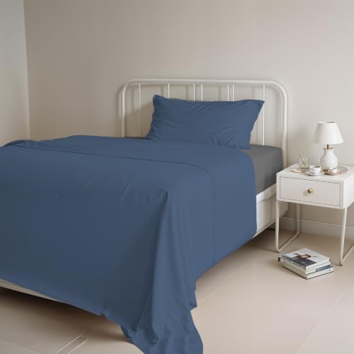 Italian Bed Linen Natural Color Bed Set (Flat 180x300, Fitted Sheet 120x200cm+Pillowcase 52x82cm), Petrol Bottle Green, 100% Cotton, avio/Smoke, SMALL DOUBLE