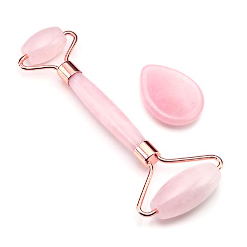 JOVIVI Rose Quartz Roller and Worry Stone Gua Sha Tools Set - Anti Aging Rose Quartz Roller Massager - 100% Real Natural Crystal Roller for Face, Eye, Neck Skin Care