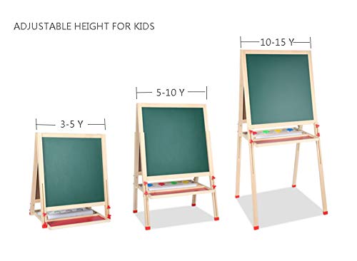 GEMEM Adjustable Wooden Easel Board Double Sided Children Art Easels Chalkboard Magnetic Dry Erase Board with Paper Roll and Accessories for Kids Toddlers Painting and Drawing