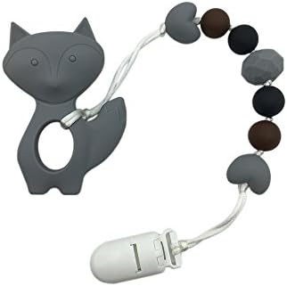 Fox Teether Of Silicone Teething Pacifier Clip - Silicone Universal Soother Clip - Baby and Mommy Beads Silicone Teething (Grey)