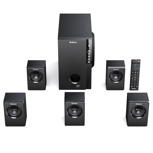 Bobtot Home Theater Systems with 5.25 inch Subwoofer, 5.1 Wired Satellite Surround Sound Speakers, 600 Watts Peak Power Deep Bass Audio Stereo System with FM Radio Bluetooth AUX DVD USB SD Input
