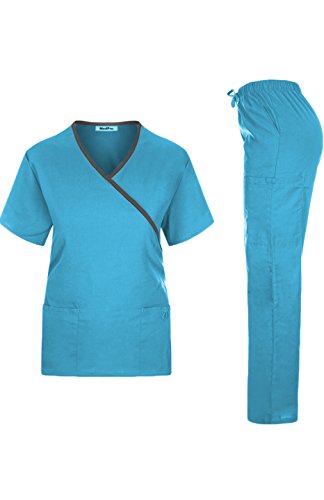 MedPro Women's Medical Scrub Set Mock Wrap and Cargo Turquoise L (GT-756)