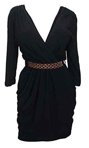 eVogues Plus Size Deep V-Neck Wrap Bodice Long Sleeve Dress Black - 2X