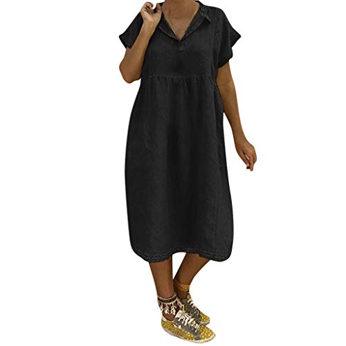 Women's Turn Down Collar Dress, Ladies Loose Short Sleeve Plus Size Dress Ruched Plain Dress Gogoodgo Black - Thumbnail 5
