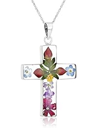 14k Gold Over Sterling Silver Pressed Flower Multi-Colored Cross Pendant Necklace