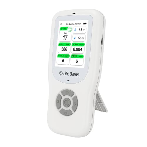 10 in 1 Indoor Air Quality Measurement Devices, LifeBasis CO2 Detector, AQI, PM1.0, PM2.5, PM10, TVOC, HCHO, Particles, Temperature and Humidity for Home, Office, School