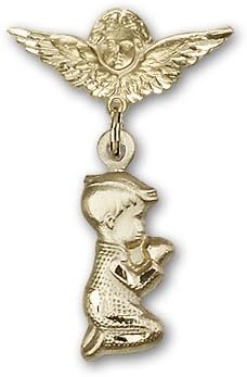 ReligiousObsession's Gold Filled Baby Badge with Praying Boy Charm and Angel with Wings Badge Pin