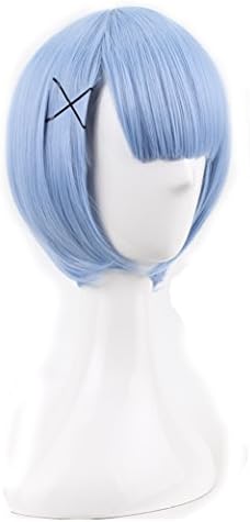 SIMUSTY Light Blue Pink Short Bob Wigs with Bangs Clips Maid Servant Anime Cosplay Wigs for Women Girls (Light Blue)